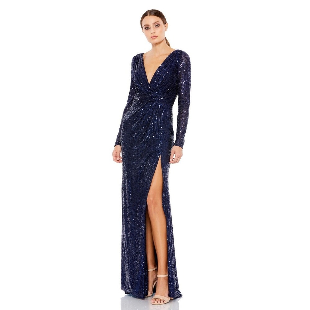 Mac Duggal 26490 Midnight Sequin Long Sleeve Faux Wrap Formal Gown Size 14